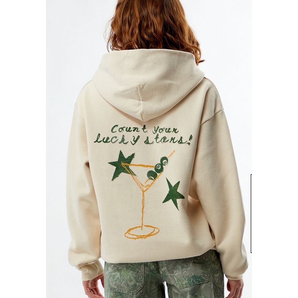 PacSun Count Your Lucky Stars Martini Graphic Hoodie Cream Mens Medium - Picture 2 of 8